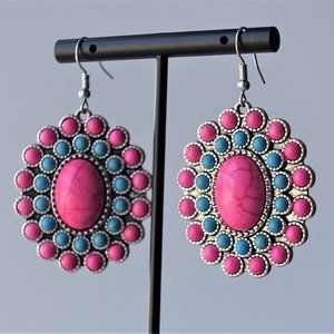 Pink Turquoise Blue Bohemian Bollywood metal hook dangle earrings for women girl